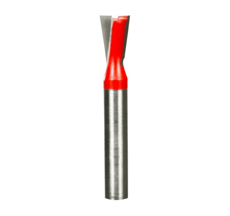 A high-resolution studio photograph of the Freud 22-123 dovetail router bit, showcasing its red Perma-SHIELD coating on the cutting head, sharp silver TiCo carbide edges, and a polished 1/4 inch steel shank.