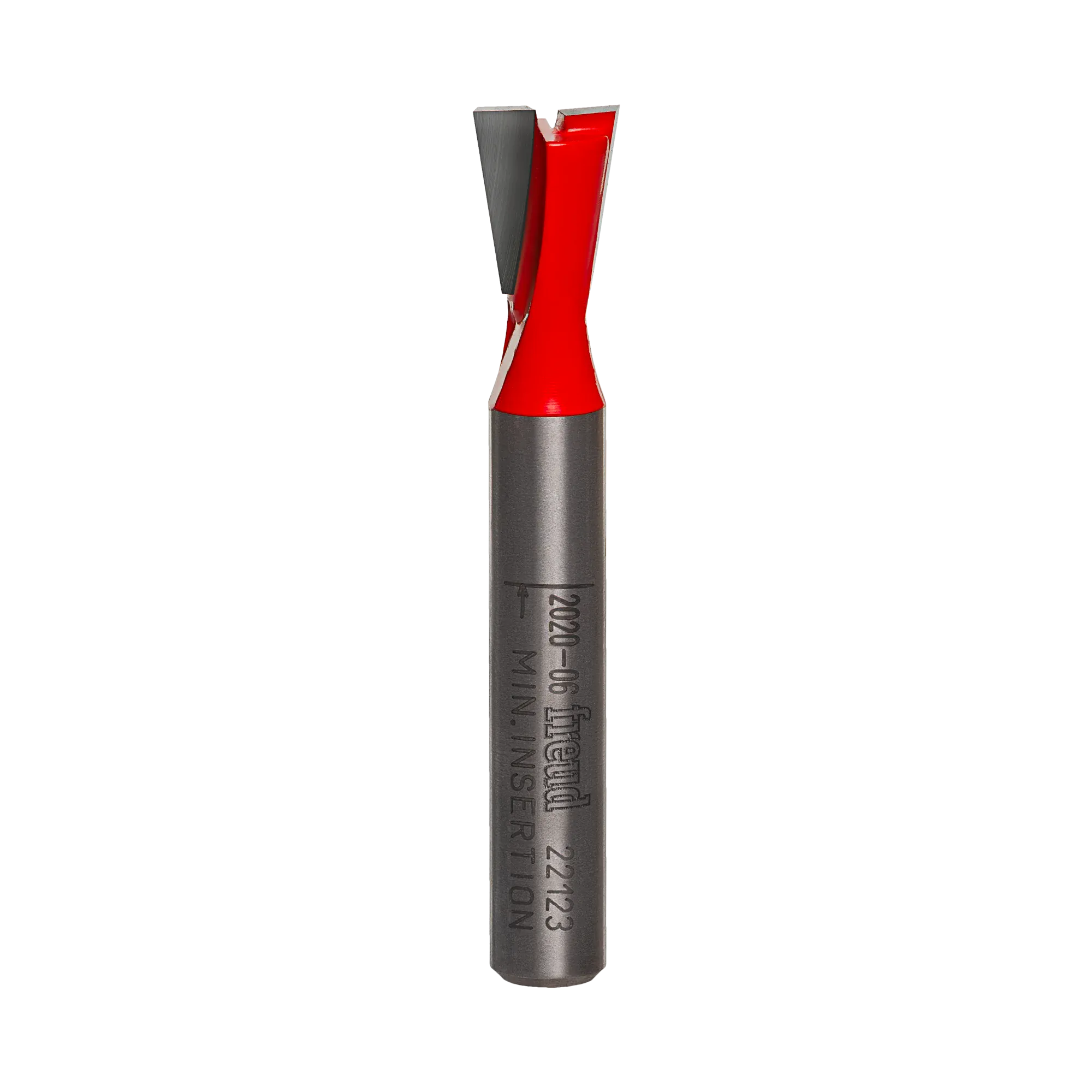 A high-resolution studio photograph of the Freud 22-123 dovetail router bit, showcasing its red Perma-SHIELD coating on the cutting head, sharp silver TiCo carbide edges, and a polished 1/4 inch steel shank.
