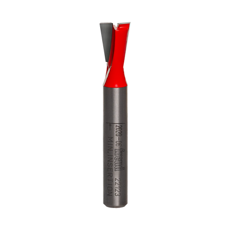 A high-resolution studio photograph of the Freud 22-123 dovetail router bit, showcasing its red Perma-SHIELD coating on the cutting head, sharp silver TiCo carbide edges, and a polished 1/4 inch steel shank.