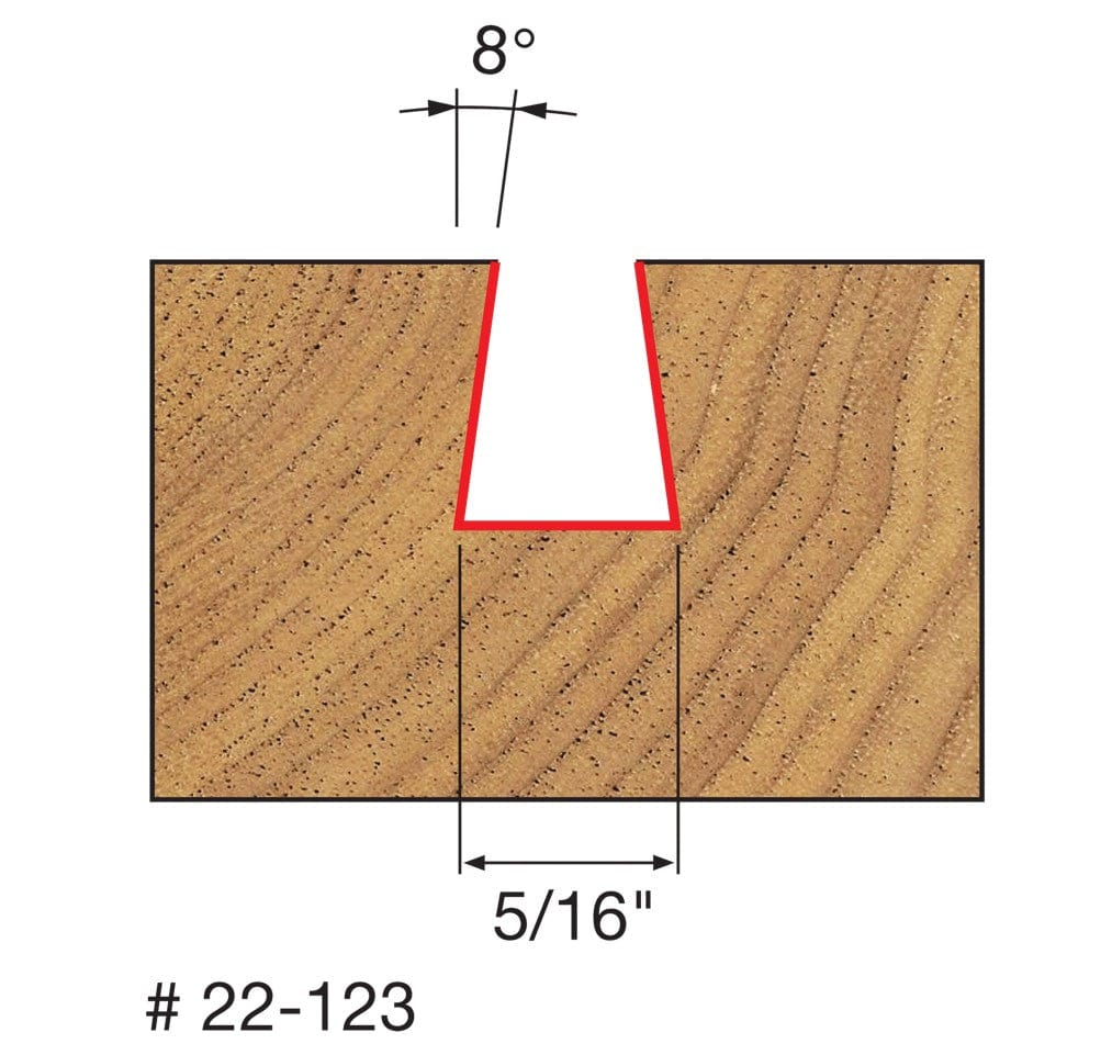 A technical diagram for the Freud 22-123 bit, illustrating a cross-section of a wood block with a precise 8-degree angled dovetail cut that is 5/16 of an inch wide at the base and 3/8 of an inch deep.