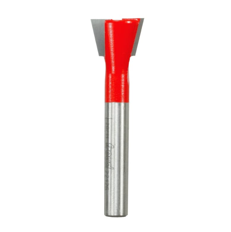 A professional studio photograph of the Freud 22-126 dovetail router bit, featuring its bright red Perma-SHIELD coating on the cutting head, sharp silver TiCo carbide edges, and a polished 1/4 inch steel shank.