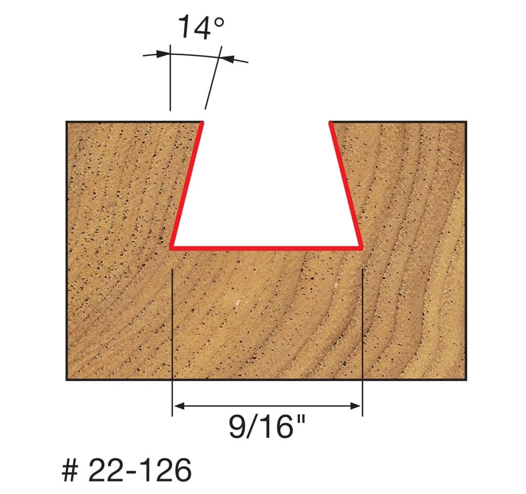 A technical diagram for the Freud 22-126 bit, illustrating a cross-section of a wood block with a precise 14-degree angled dovetail cut that is 9/16 of an inch wide at the base.