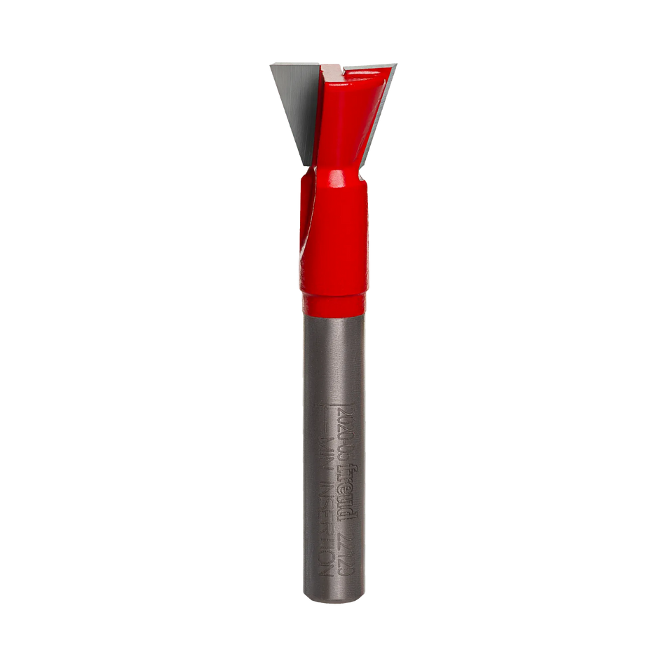 Studio shot of the Freud 22-129 8-Degree Dovetail router bit featuring a red Perma-SHIELD body, angled TiCo carbide cutters, and 1/4 inch silver shank.