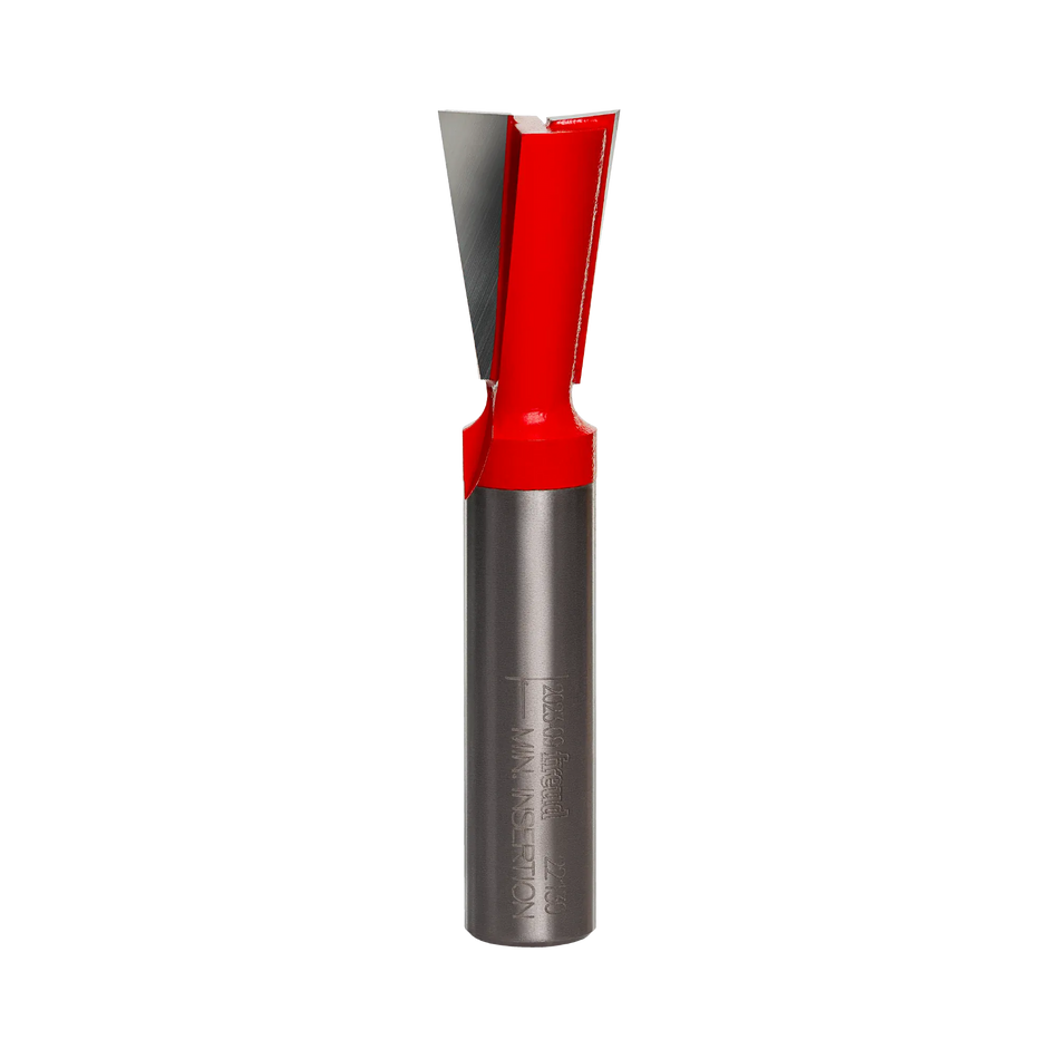 A studio product photograph of the Freud 22-130 dovetail router bit featuring two red carbide-tipped cutting flutes on a 1/2 inch silver shank.