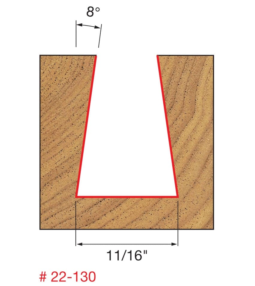 A technical profile diagram for the Freud 22-130 bit illustrating an 8-degree dovetail groove cut into a wood block with a specified width of 11/16 of an inch.