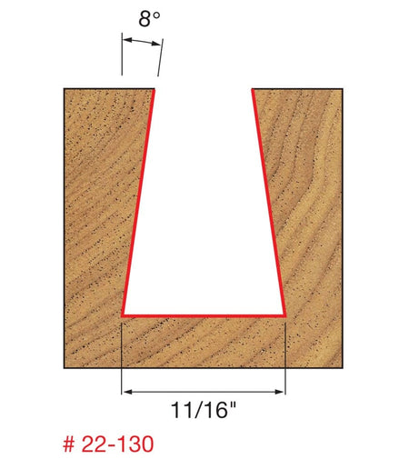 A technical profile diagram for the Freud 22-130 bit illustrating an 8-degree dovetail groove cut into a wood block with a specified width of 11/16 of an inch.