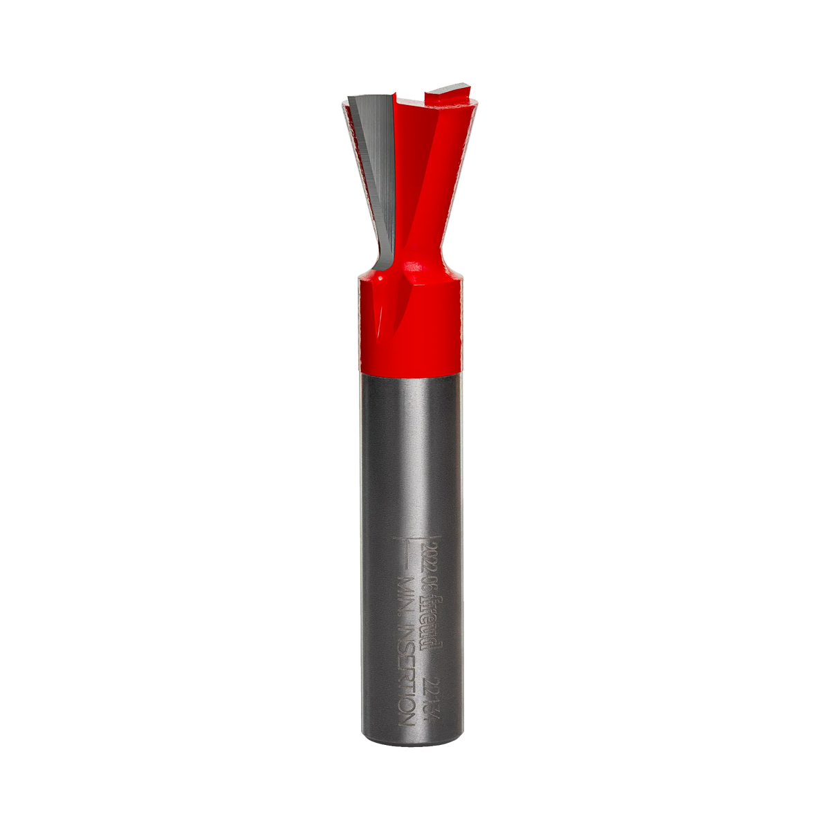 A professional studio photograph of the Freud 22-134 dovetail router bit, showcasing its bright red body, sharp silver carbide cutting edges, and a polished 1/2-inch steel shank.