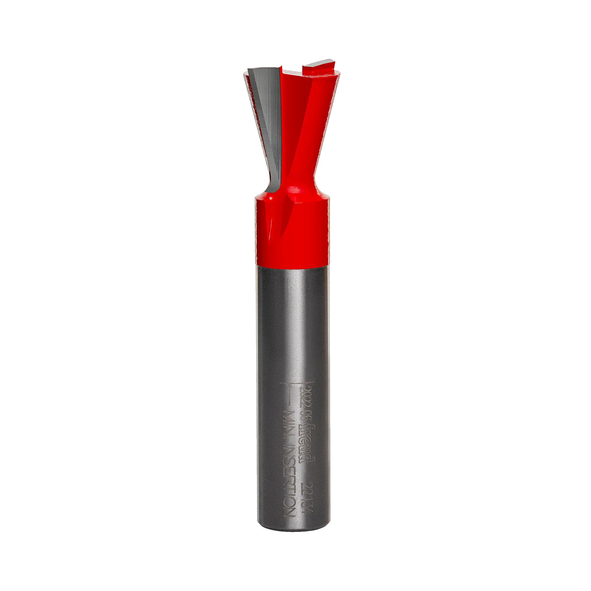 A professional studio photograph of the Freud 22-134 dovetail router bit, showcasing its bright red body, sharp silver carbide cutting edges, and a polished 1/2-inch steel shank.