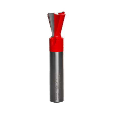 A professional studio photograph of the Freud 22-134 dovetail router bit, showcasing its bright red body, sharp silver carbide cutting edges, and a polished 1/2-inch steel shank.