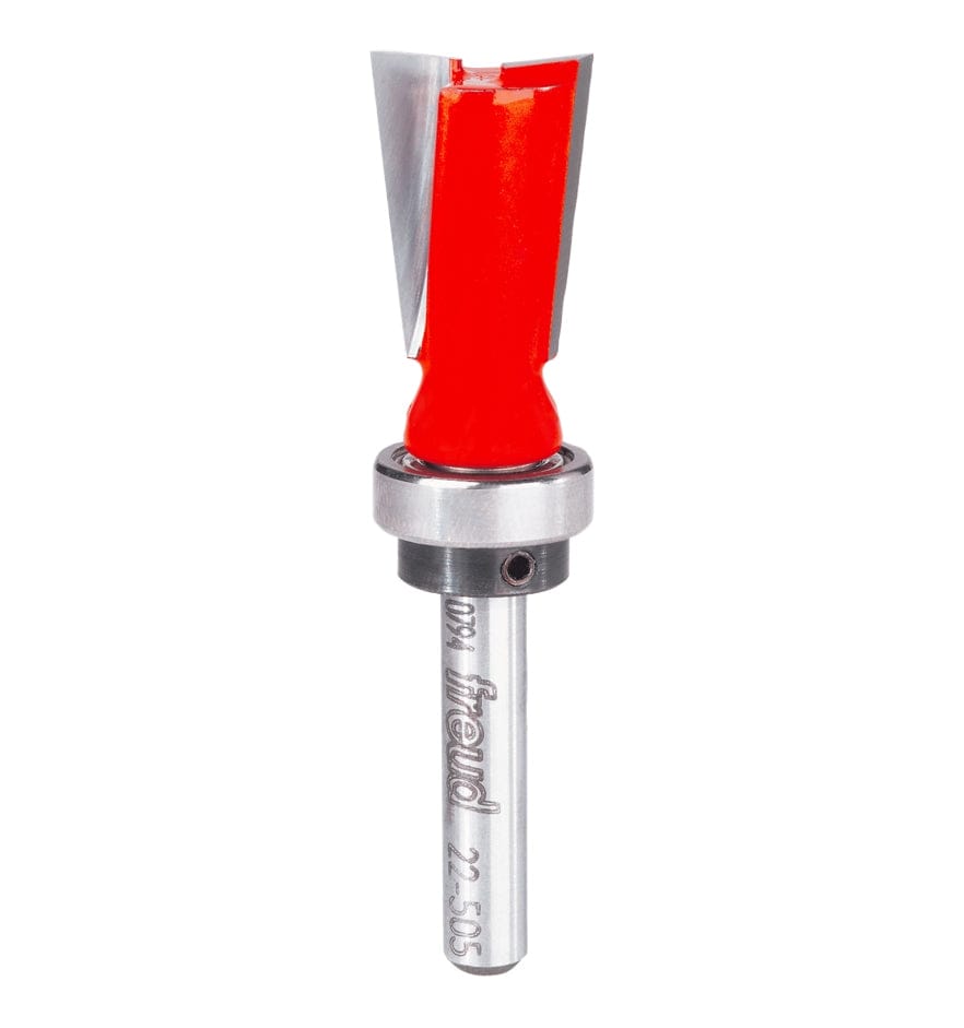 A professional studio photograph of the Freud 22-505 top bearing dovetail router bit, featuring its bright red Perma-SHIELD coating on the cutting head, sharp silver TiCo carbide edges, a top-mounted ball bearing guide, and a polished 1/4 inch steel shank.