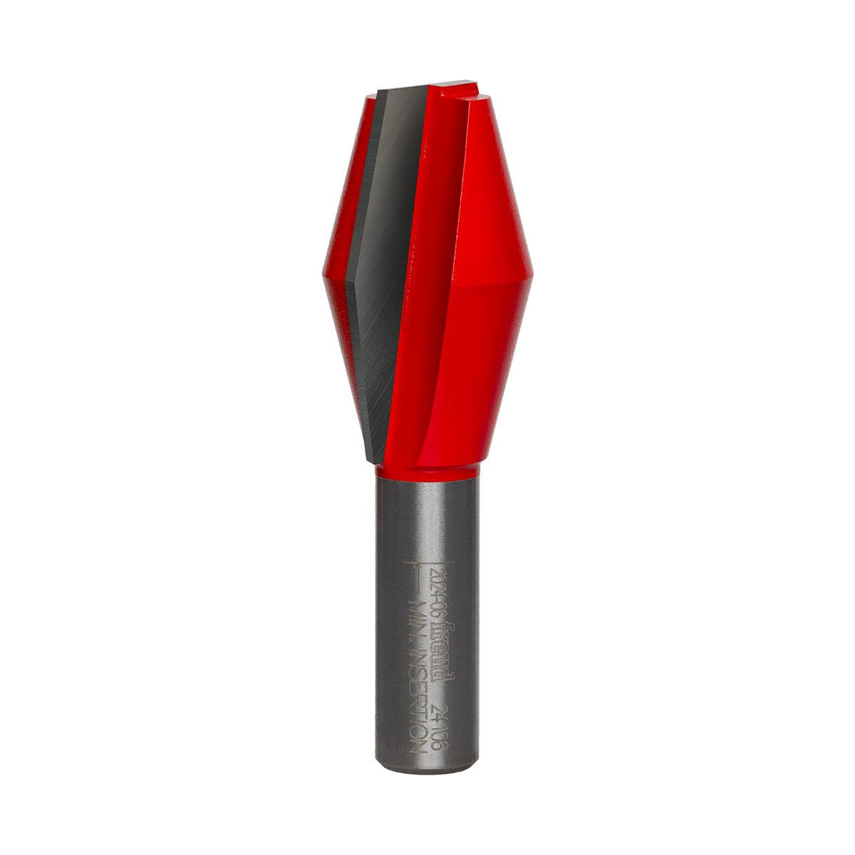 A high-resolution studio photograph of the Freud 24-106 butterfly spline router bit, showing its specialized red-coated body with sharp carbide cutting edges and a polished 1/2-inch steel shank.