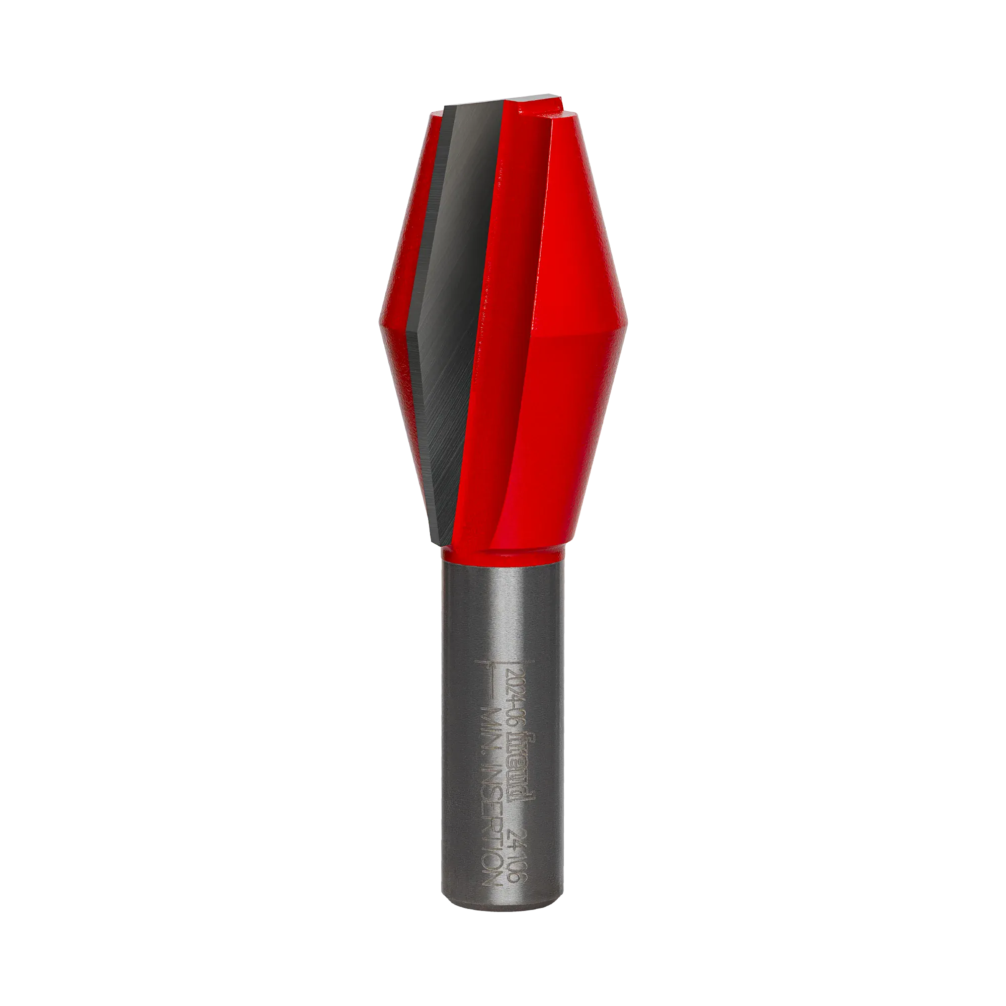 A high-resolution studio photograph of the Freud 24-106 butterfly spline router bit, showing its specialized red-coated body with sharp carbide cutting edges and a polished 1/2-inch steel shank.