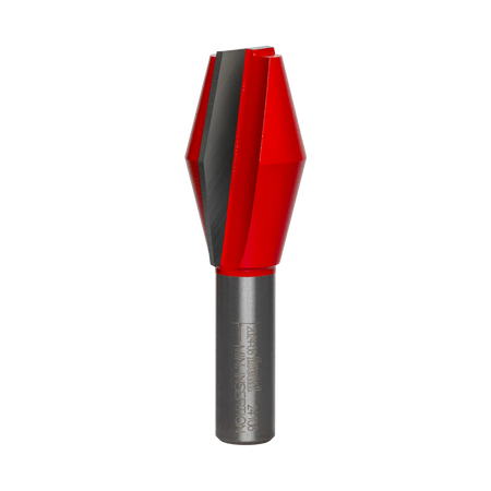 A high-resolution studio photograph of the Freud 24-106 butterfly spline router bit, showing its specialized red-coated body with sharp carbide cutting edges and a polished 1/2-inch steel shank.