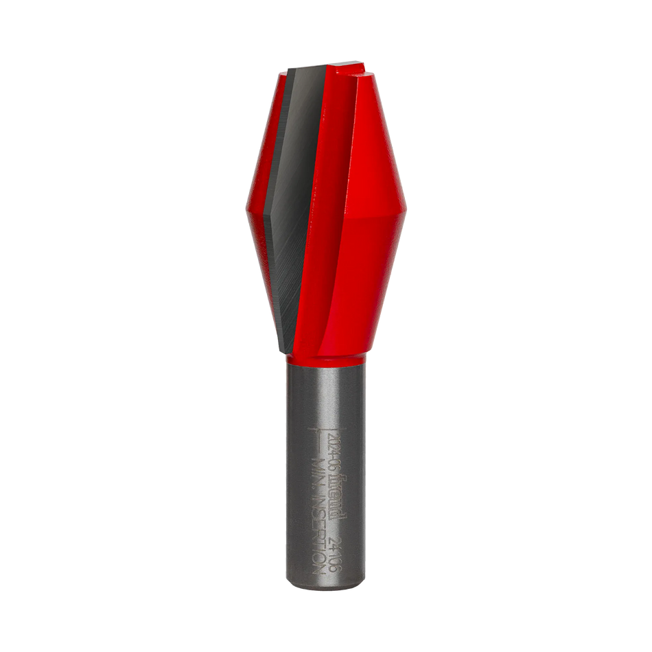 A high-resolution studio photograph of the Freud 24-106 butterfly spline router bit, showing its specialized red-coated body with sharp carbide cutting edges and a polished 1/2-inch steel shank.