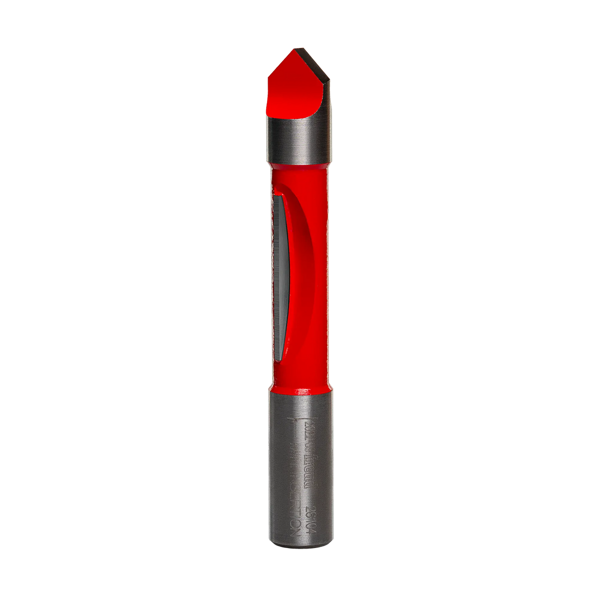 A studio product photograph of the Freud 26-104 panel pilot router bit, showcasing its bright red body, integrated pilot tip for self-starting plunge cuts, sharp silver cutting edge, and polished steel shank.