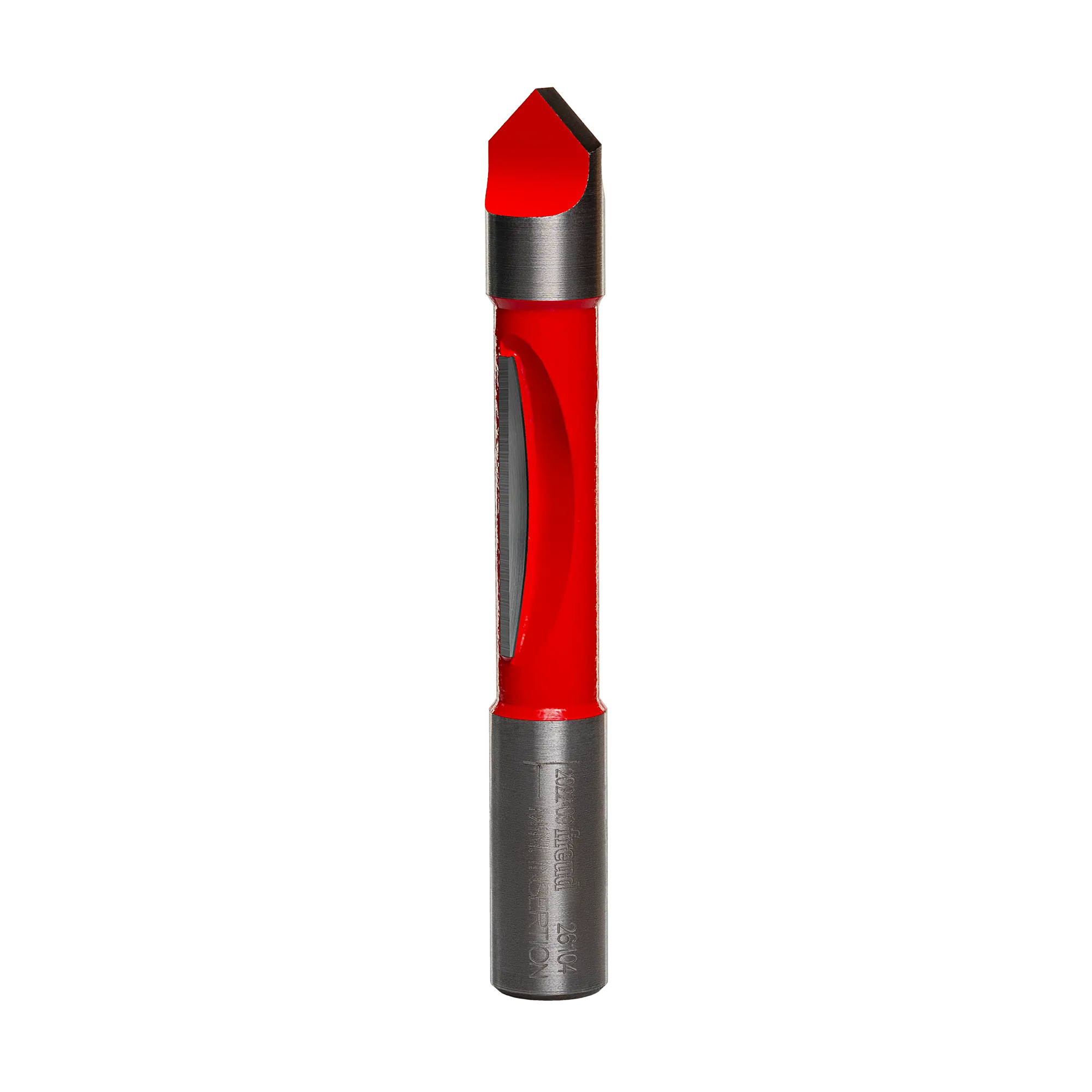 A studio product photograph of the Freud 26-104 panel pilot router bit, showcasing its bright red body, integrated pilot tip for self-starting plunge cuts, sharp silver cutting edge, and polished steel shank.