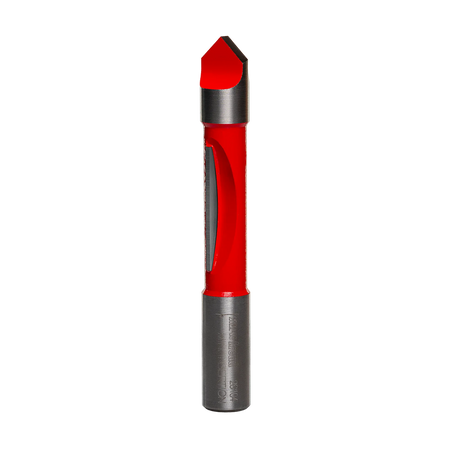 A studio product photograph of the Freud 26-104 panel pilot router bit, showcasing its bright red body, integrated pilot tip for self-starting plunge cuts, sharp silver cutting edge, and polished steel shank.