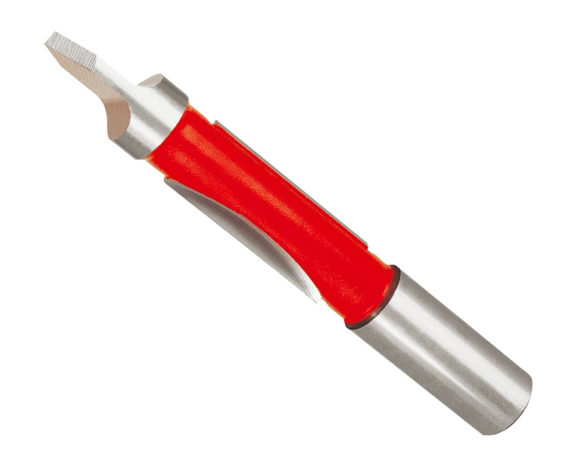 A professional studio shot of the Freud 28-104 carbide panel pilot router bit shown at an angle, featuring a self-starting drill point, red non-stick coating, and a polished 1/2-inch steel shank.