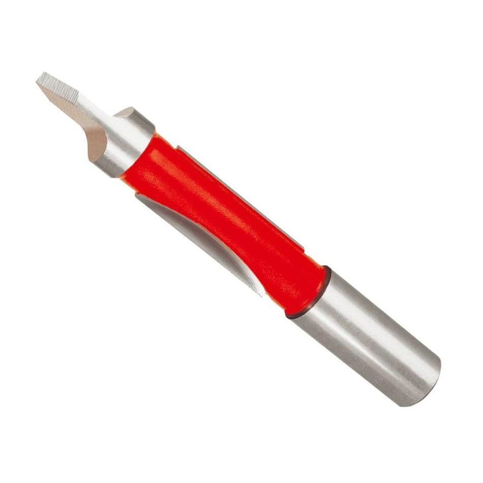 A professional studio shot of the Freud 28-104 carbide panel pilot router bit shown at an angle, featuring a self-starting drill point, red non-stick coating, and a polished 1/2-inch steel shank.