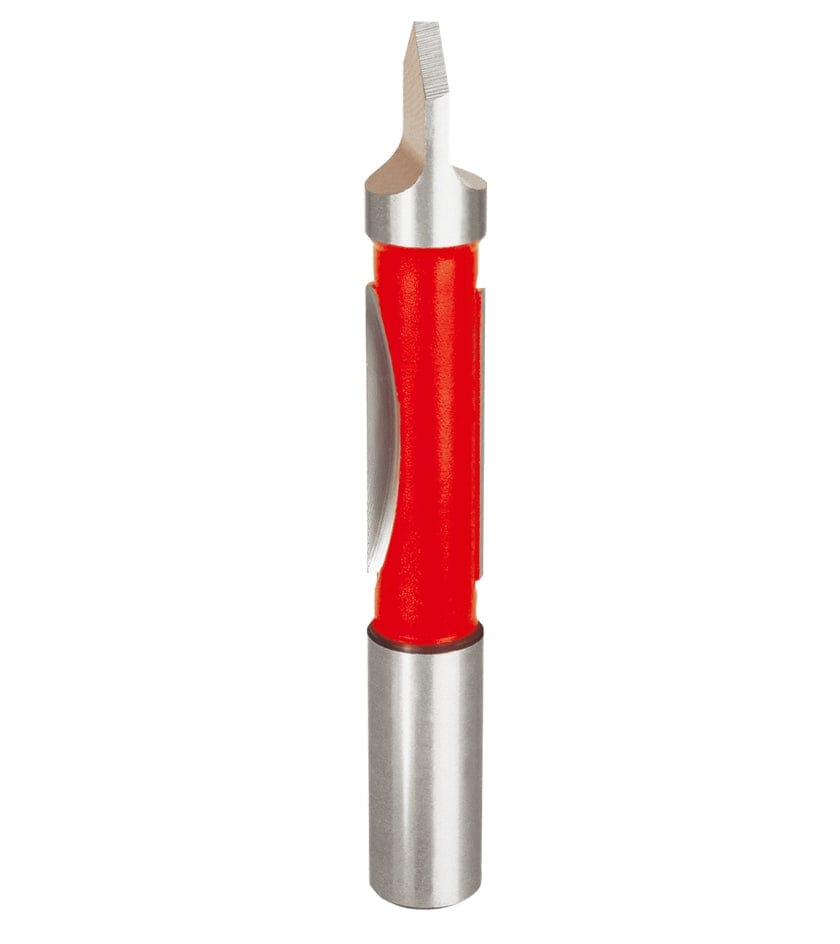 A side-profile view of the Freud 28-104 panel pilot bit against a white background, highlighting the dual carbide cutting edges and the precision-ground pilot guide for template work.
