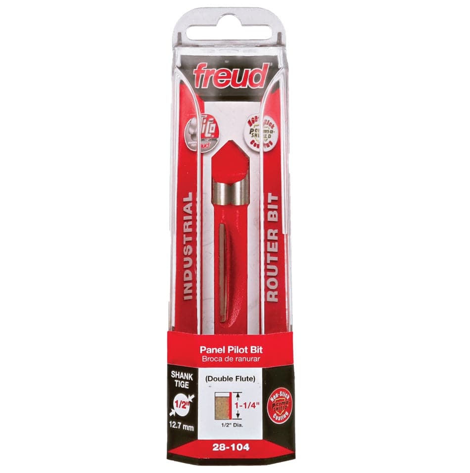 Retail clamshell packaging for the Freud 28-104 industrial panel pilot bit, showcasing the 1/2-inch diameter, 1-1/4 inch carbide height, and double flute design for professional construction applications.