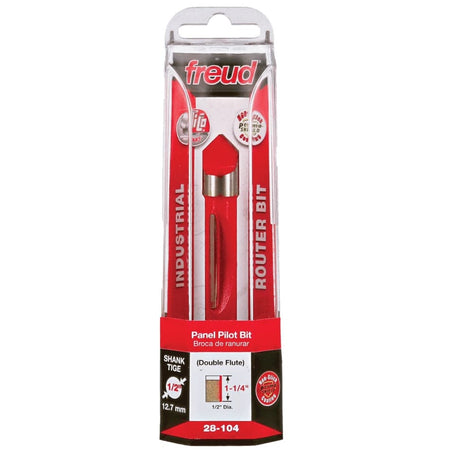 Retail clamshell packaging for the Freud 28-104 industrial panel pilot bit, showcasing the 1/2-inch diameter, 1-1/4 inch carbide height, and double flute design for professional construction applications.