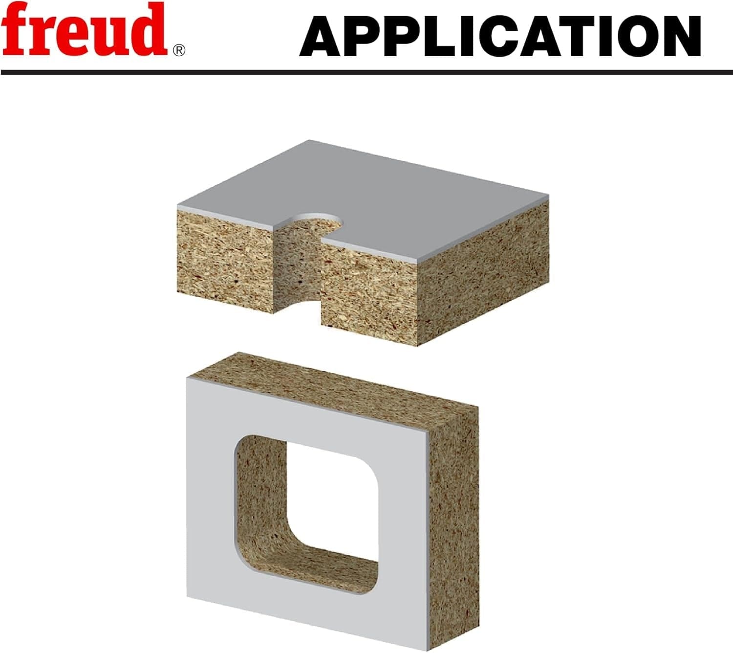 An application infographic showing the Freud panel pilot bit being used to cut clean, precise rectangular and circular openings through a white-faced composite panel.