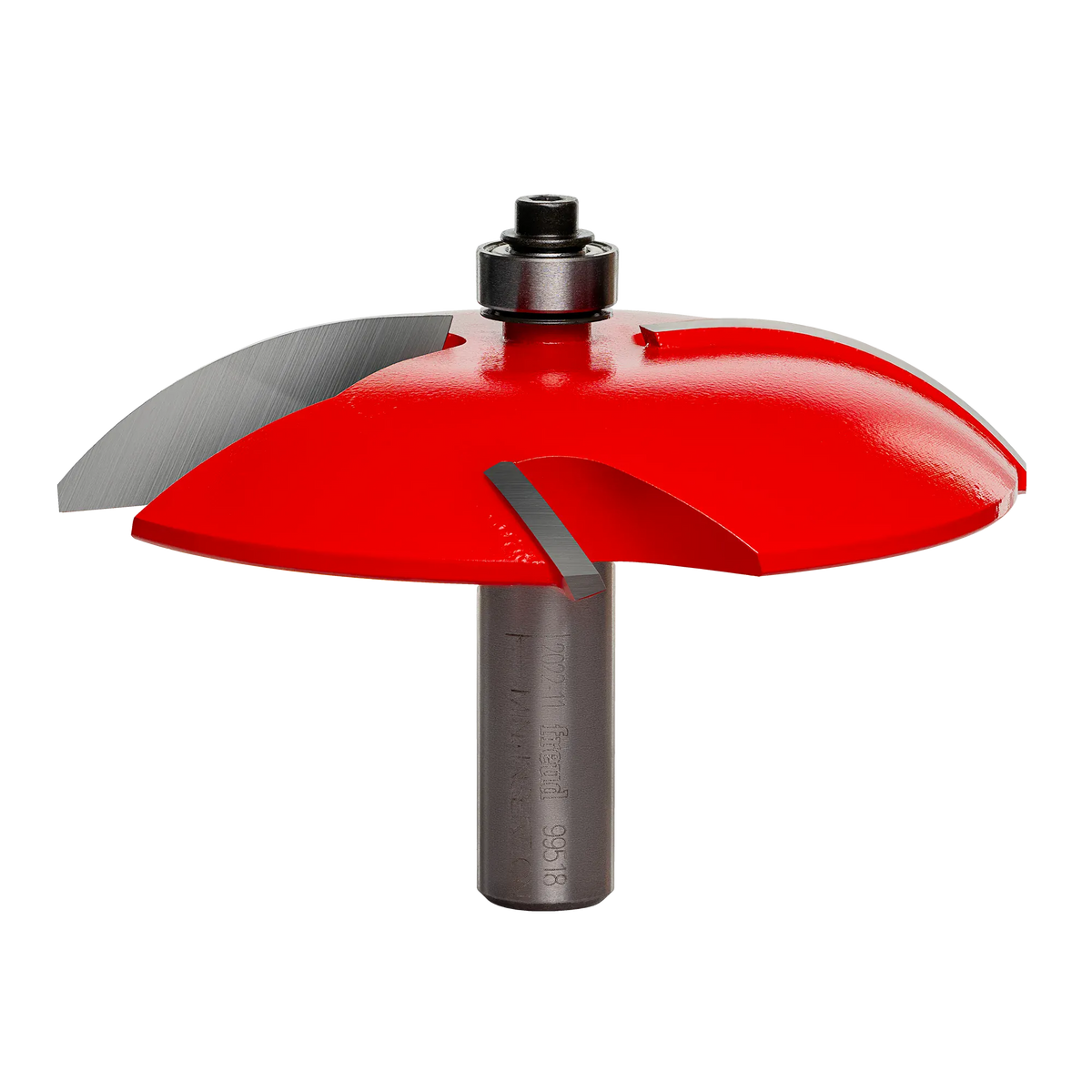 Freud router bit with red coating and bearing guide, designed for shaping wood edges in cabinetry and trim.