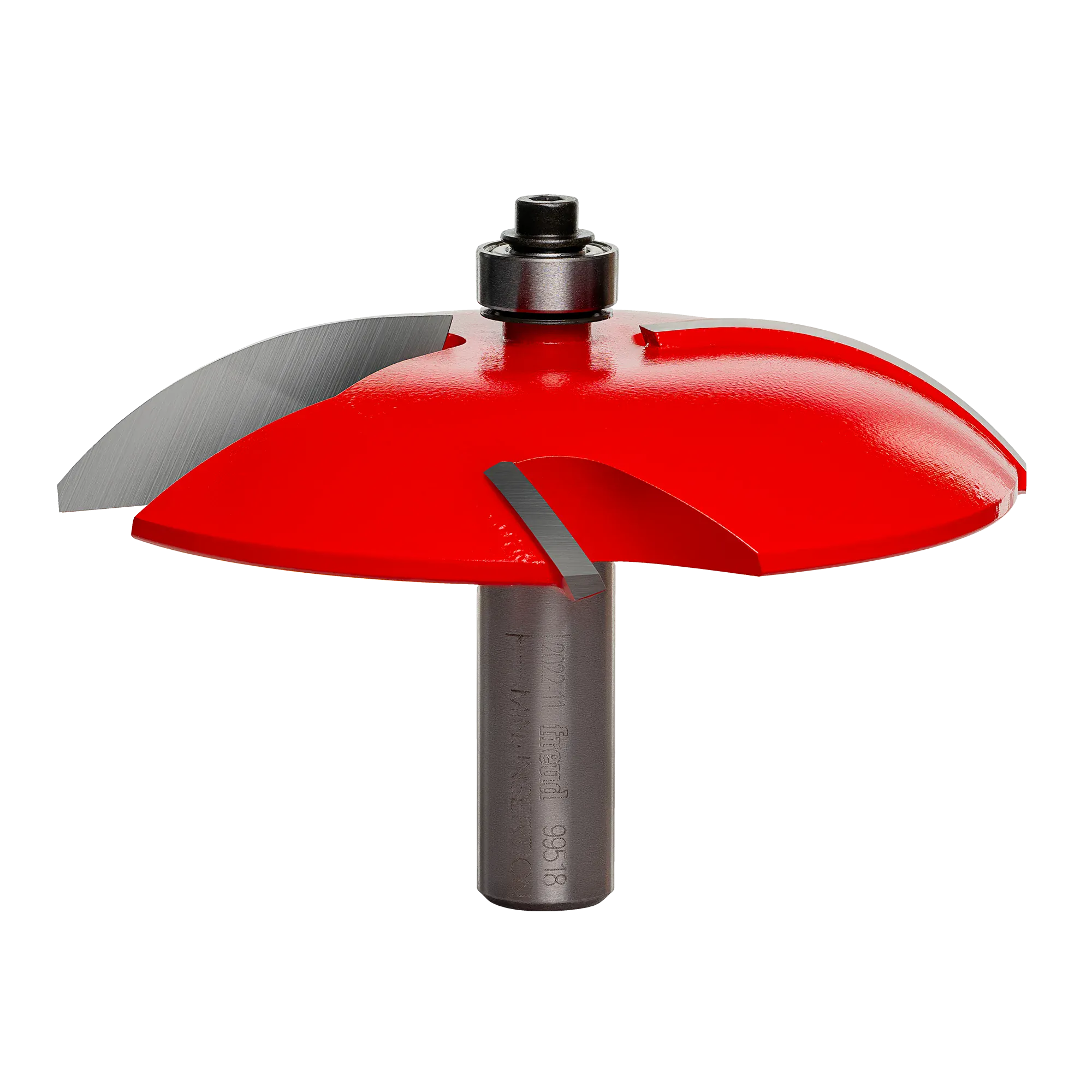 Freud router bit with red coating and bearing guide, designed for shaping wood edges in cabinetry and trim.