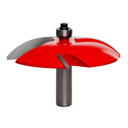 Freud router bit with red coating and bearing guide, designed for shaping wood edges in cabinetry and trim.