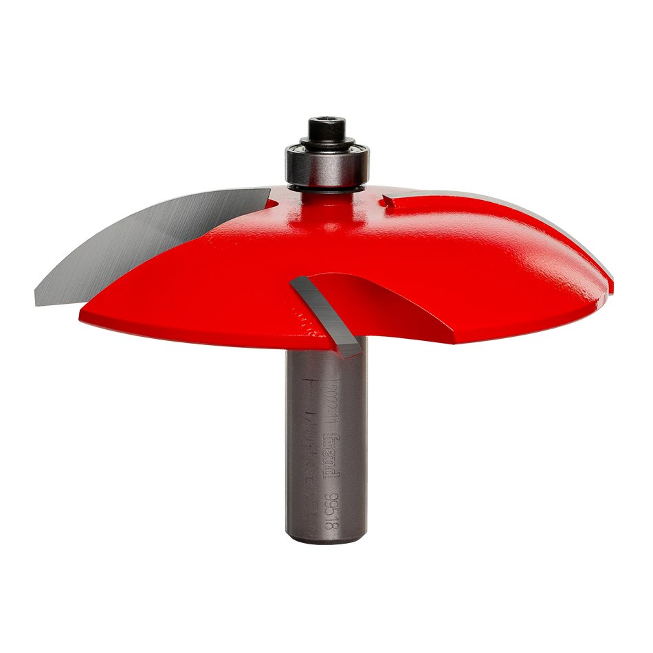 Freud router bit with red coating and bearing guide, designed for shaping wood edges in cabinetry and trim.