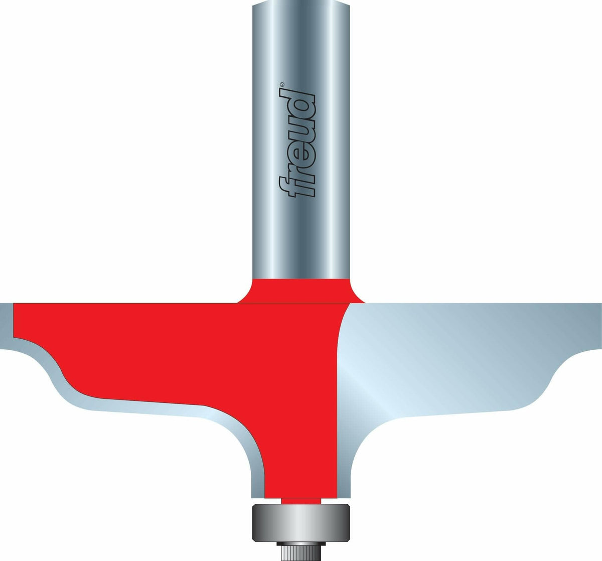A detailed cross-section illustration of the Freud 3-1/8 inch diameter solid surface edge profile router bit, showing the red carbide cutter creating a complex decorative edge profile.