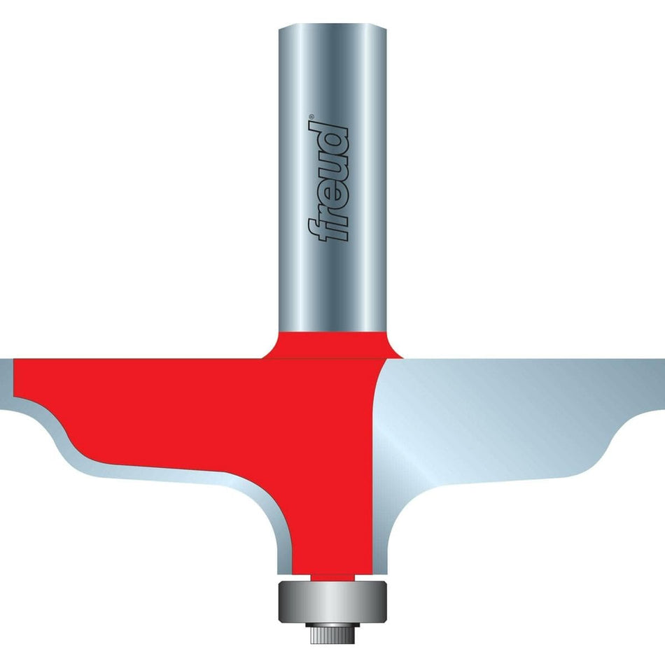 A detailed cross-section illustration of the Freud 3-1/8 inch diameter solid surface edge profile router bit, showing the red carbide cutter creating a complex decorative edge profile.