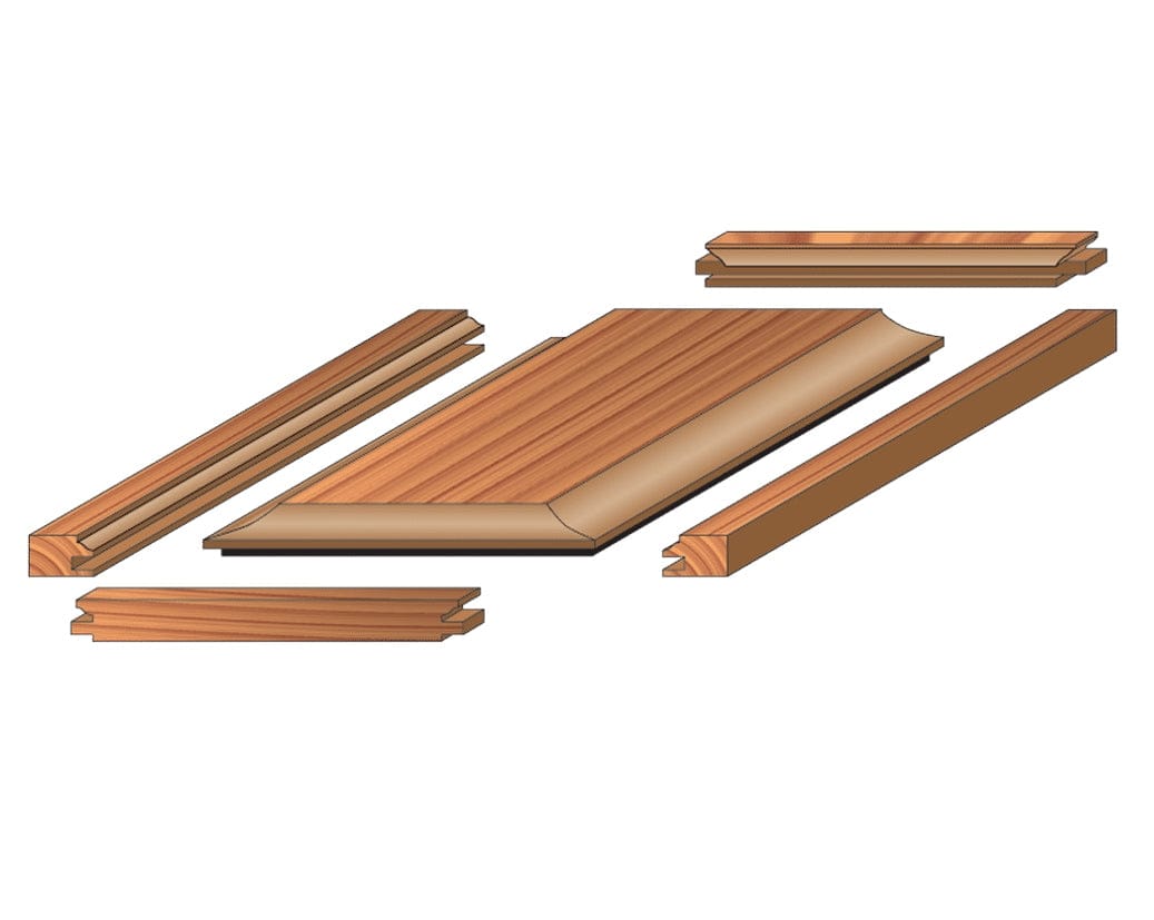 An exploded diagram of a cabinet door, showing how the profiled rails, stiles, and raised ogee panel fit together.