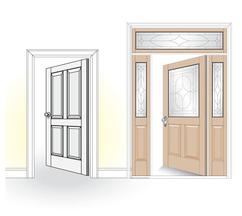 Two illustrations showing finished doors made with the set: one four-panel interior door and one entryway door with glass panels and sidelights.
