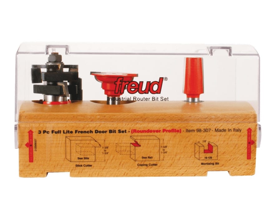 Front view of the Freud 98-307 3-piece French door router bit set in its closed storage box, showing profile diagrams for the stick, coping, and mortising bits.
