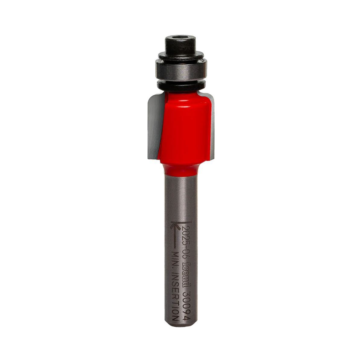 Studio shot of the Freud 30-094 Cove router bit featuring a red Perma-SHIELD body, two carbide cutters, 1/4 inch silver shank, and top ball bearing guide.