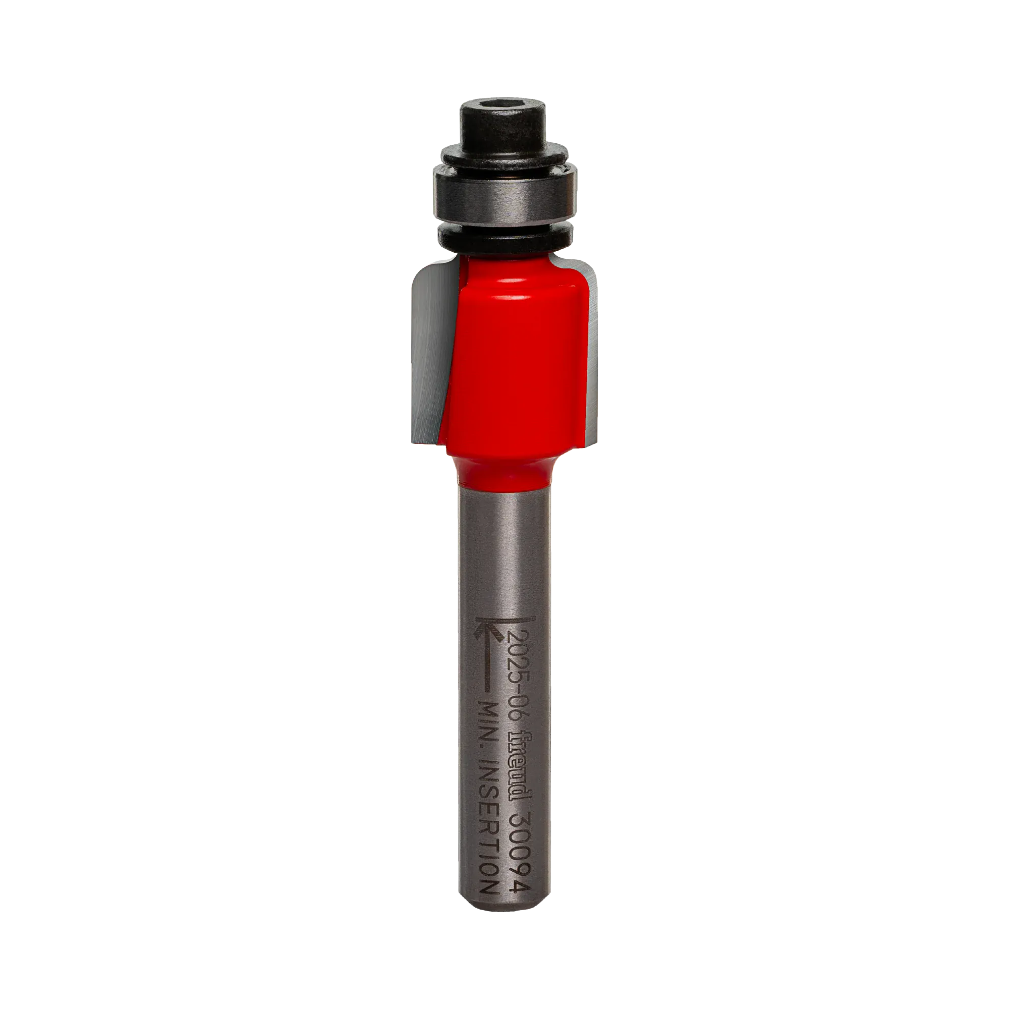 Studio shot of the Freud 30-094 Cove router bit featuring a red Perma-SHIELD body, two carbide cutters, 1/4 inch silver shank, and top ball bearing guide.