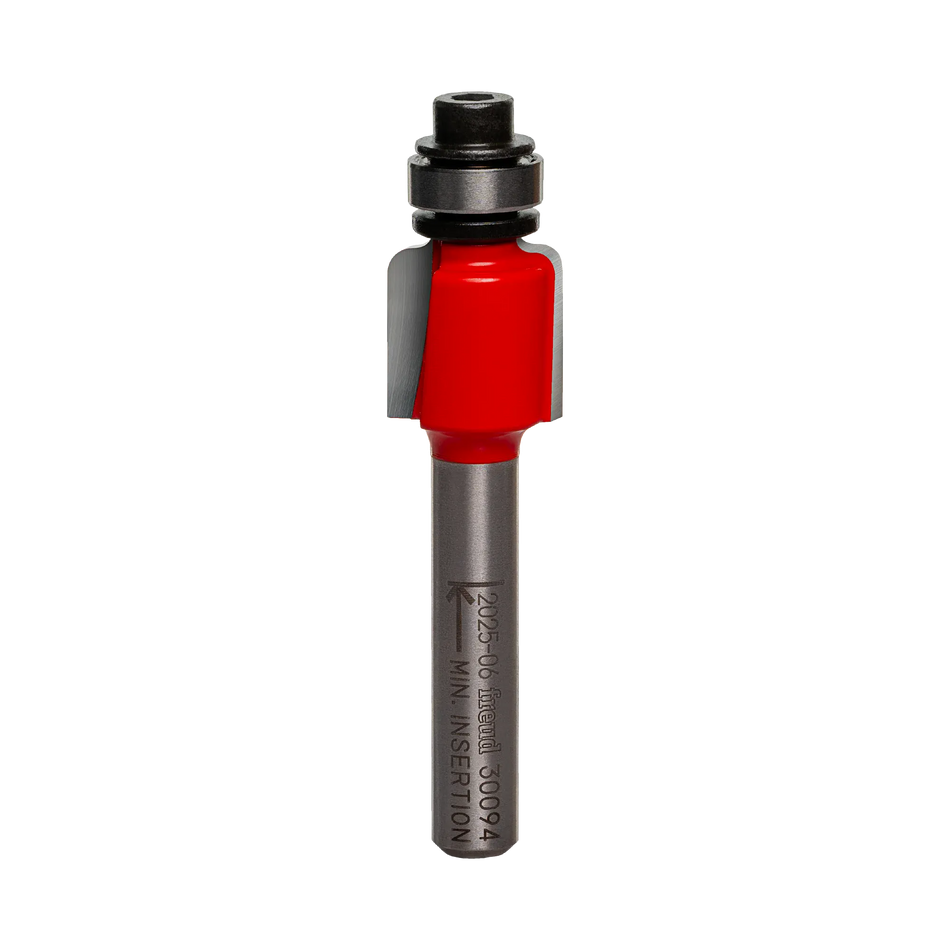 Studio shot of the Freud 30-094 Cove router bit featuring a red Perma-SHIELD body, two carbide cutters, 1/4 inch silver shank, and top ball bearing guide.