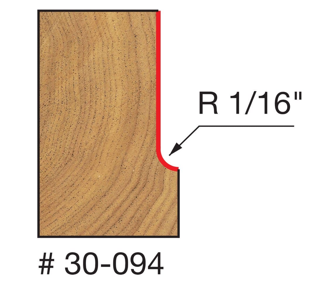 Technical profile diagram illustrating the 1/16 inch radius Cove shape cut into a wood edge by the Freud 30-094 bit.