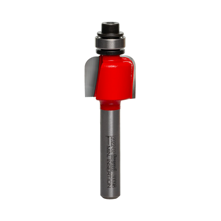 A high-quality studio photograph of the Freud 30-098 cove router bit, showing its red body, sharp carbide cutting edges, top-mounted steel ball bearing, and a 1/4 inch polished shank.