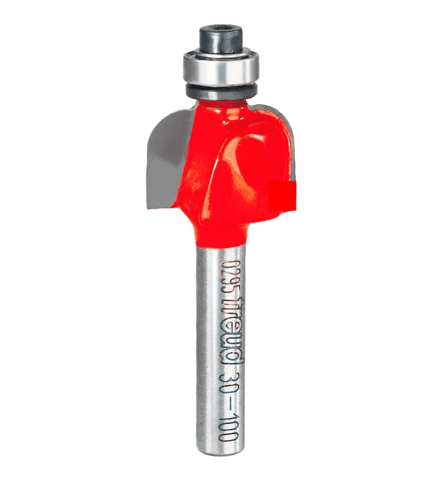 A high-quality studio photograph of the Freud 30-100 cove router bit, showing its red body, sharp carbide cutting edges, top-mounted steel ball bearing, and a 1/4 inch polished shank.