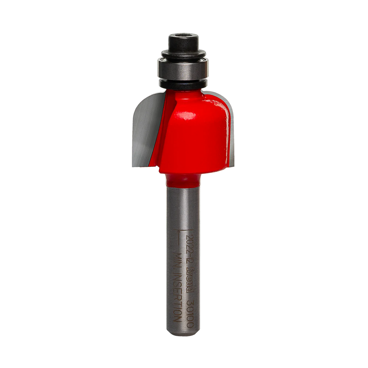 A high-quality studio photograph of the Freud 30-100 cove router bit, showing its red body, sharp carbide cutting edges, top-mounted steel ball bearing, and a 1/4 inch polished shank.