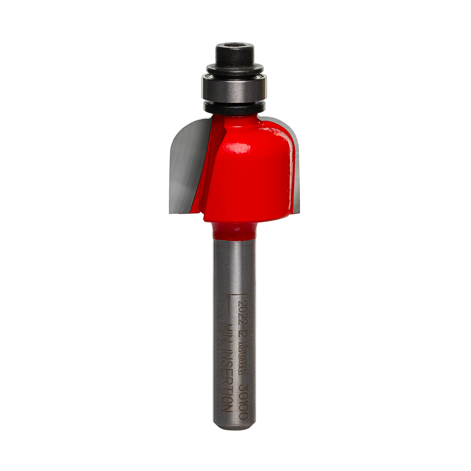 A high-quality studio photograph of the Freud 30-100 cove router bit, showing its red body, sharp carbide cutting edges, top-mounted steel ball bearing, and a 1/4 inch polished shank.