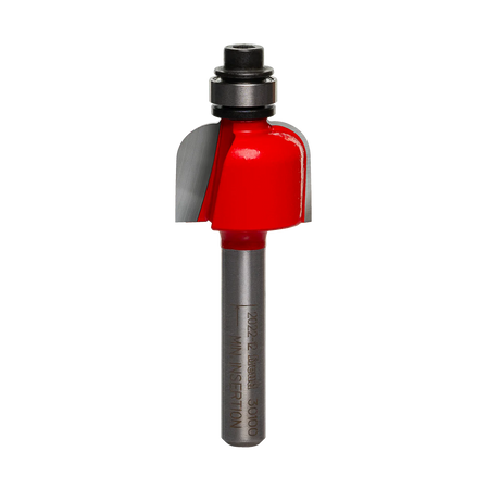 A high-quality studio photograph of the Freud 30-100 cove router bit, showing its red body, sharp carbide cutting edges, top-mounted steel ball bearing, and a 1/4 inch polished shank.