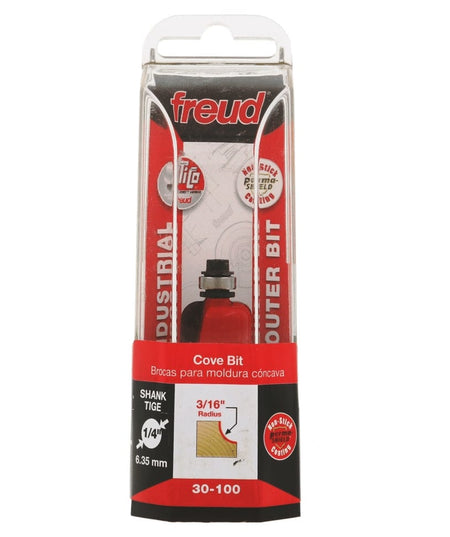 Retail packaging for the Freud 30-100 cove bit, featuring a clear plastic case with industrial labeling that identifies the 3/16 inch radius and 1/4 inch shank size.