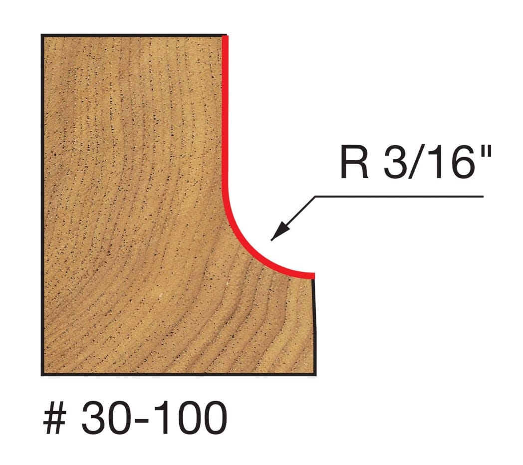 A technical diagram illustrating the cutting profile of the Freud 30-100 cove bit, showing a cross-section of a wood block with a precise 3/16 inch radius concave decorative edge.