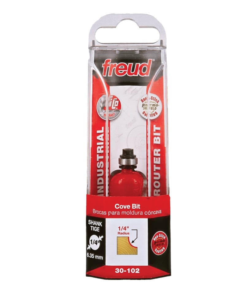 Retail packaging for the Freud 30-102 cove bit, featuring a clear plastic case with red and black labeling that identifies it as an industrial-grade router bit with a 1/4 inch radius and 1/4 inch shank.
