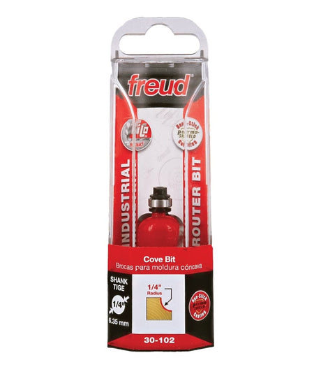 Retail packaging for the Freud 30-102 cove bit, featuring a clear plastic case with red and black labeling that identifies it as an industrial-grade router bit with a 1/4 inch radius and 1/4 inch shank.