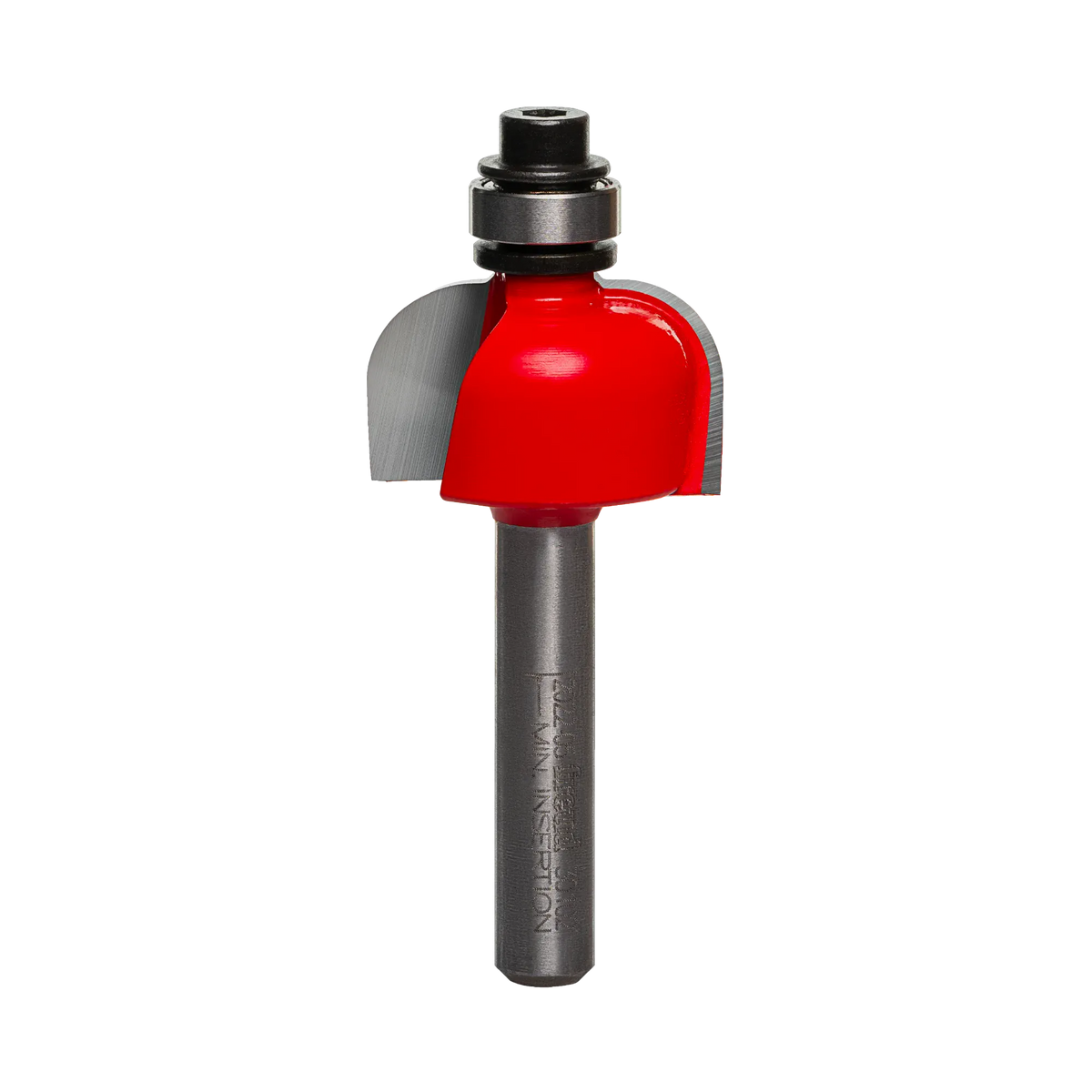 A professional studio photograph of the Freud 30-102 cove router bit, showcasing its bright red body, sharp silver carbide cutting edges, top-mounted steel ball bearing, and a polished 1/4 inch shank.